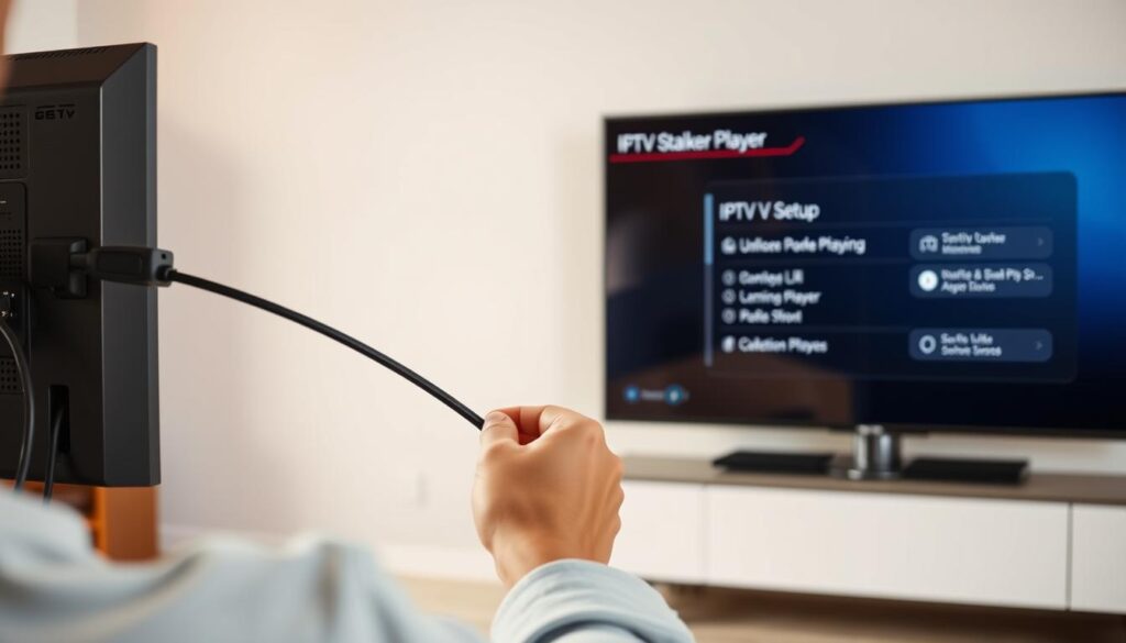 A high-quality, step-by-step smart TV installation process. In the foreground, a person's hands carefully connecting HDMI and power cables to the back of a sleek, modern smart TV. The middle ground shows the TV interface displaying the IPTV Stalker Player setup menu, with clear, intuitive navigation. The background depicts a minimalist, well-lit living room setting, creating a sense of a seamless, hassle-free smart TV integration. Soft, warm lighting and a clean, uncluttered composition convey a straightforward, user-friendly installation experience. A high-quality, step-by-step smart TV installation process. In the foreground, a person's hands carefully connecting HDMI and power cables to the back of a sleek, modern smart TV. The middle ground shows the TV interface displaying the IPTV Stalker Player setup menu, with clear, intuitive navigation. The background depicts a minimalist, well-lit living room setting, creating a sense of a seamless, hassle-free smart TV integration. Soft, warm lighting and a clean, uncluttered composition convey a straightforward, user-friendly installation experience.